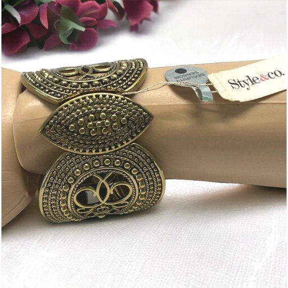 Bronze Tone Bracelet Stretch Chunky Art Deco Textured Filagree Style & Co - Picture 1 of 10